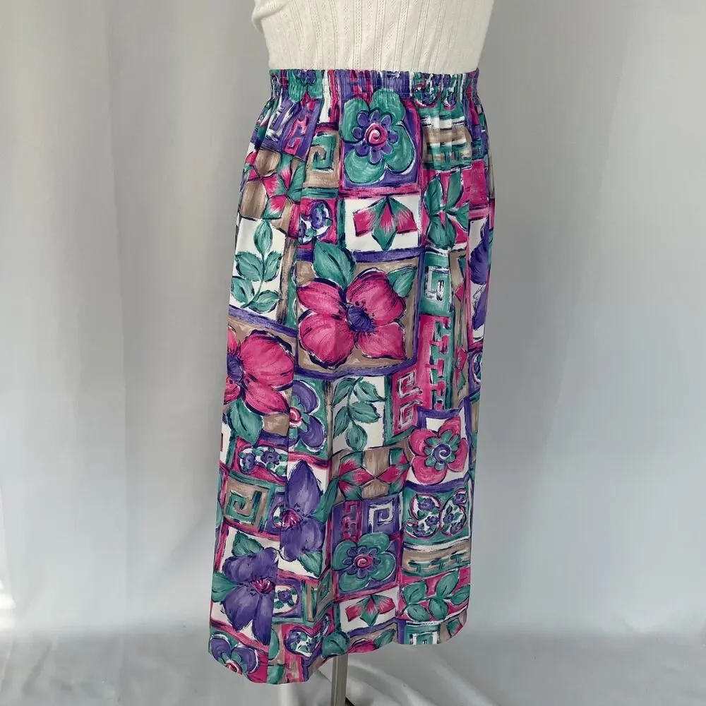 Vintage Midi Skirt Size Medium Pink Purple Floral Boho A Line Pull On Retro 90s